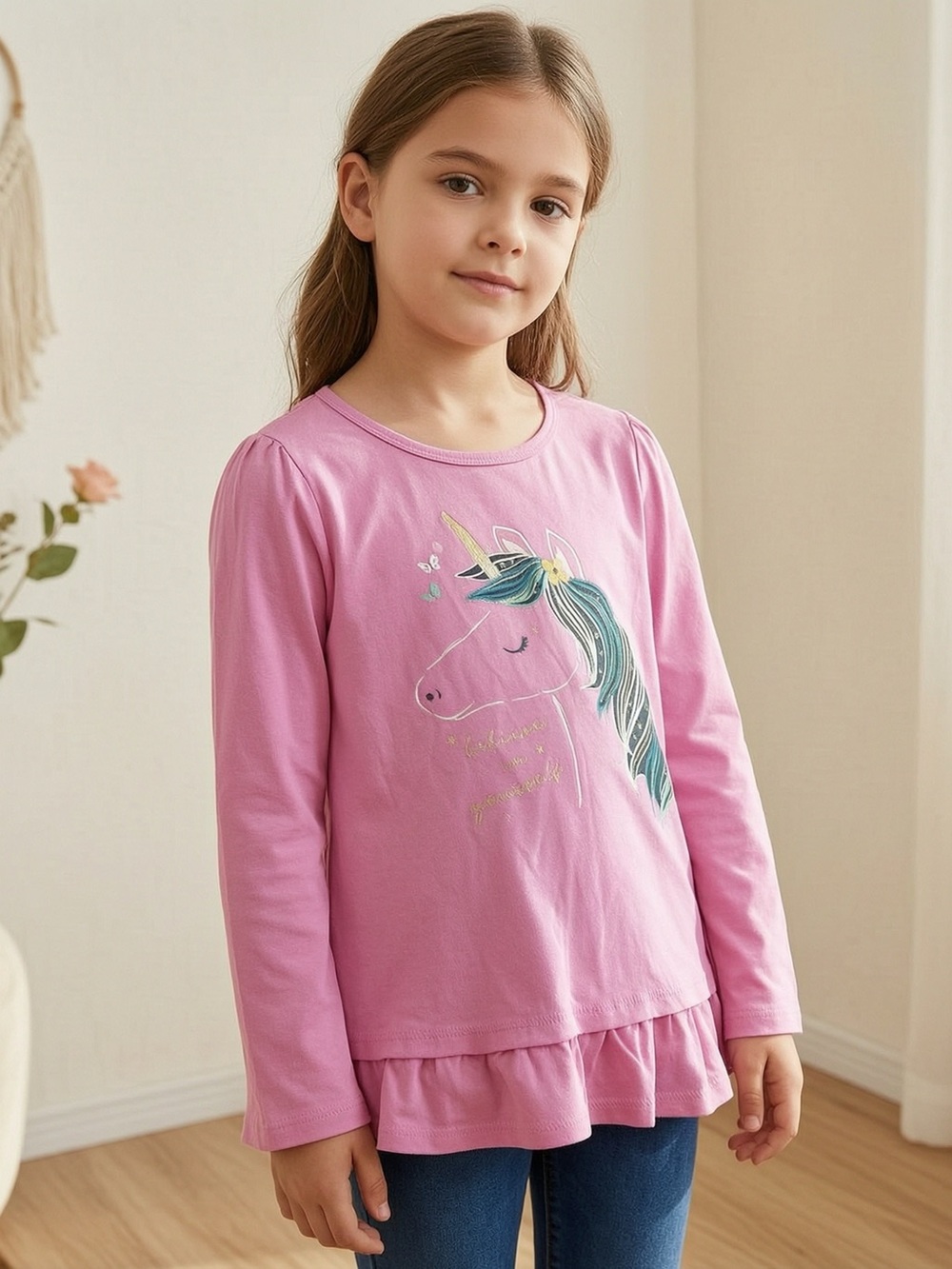 Carter's Pink Unicorn Long Sleeve Top with Ruffle Hem and Metallic Accents
